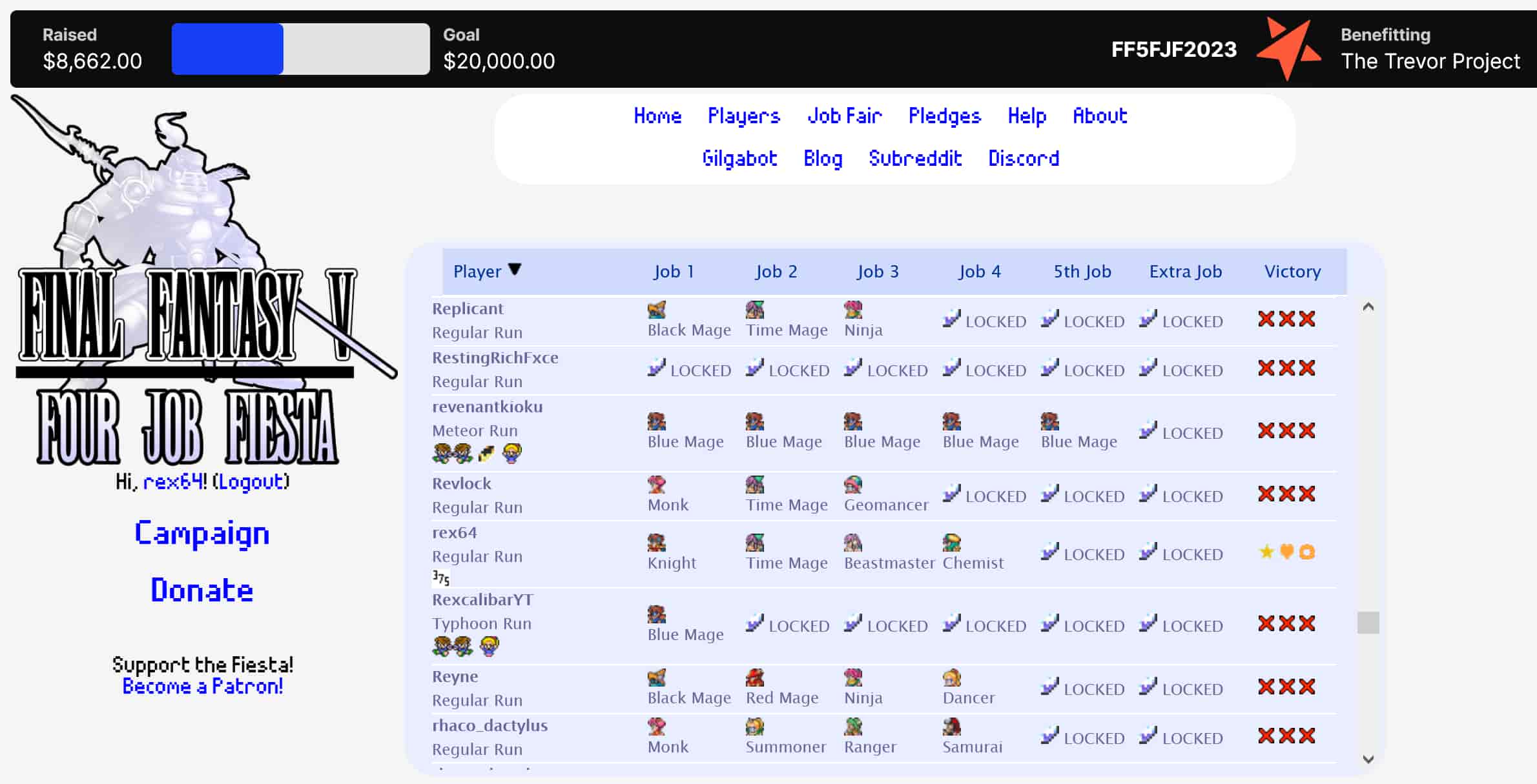 A screenshot of the Final Fantasy V Four Job Fiesta 2023 homepage